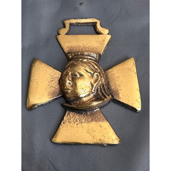 Antique Brass Cross Medal Maltese With Womans Face Relief bridle - Picture 2 of 6